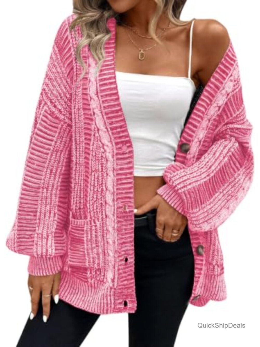 Oversized Cable Knit Button Front Cardigan with Pockets